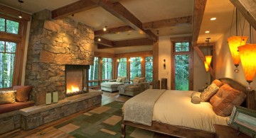 cabin bedroom decorating ideas with built in fireplace