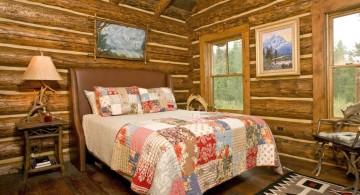 cabin bedroom decorating ideas with colorful homemade quilt