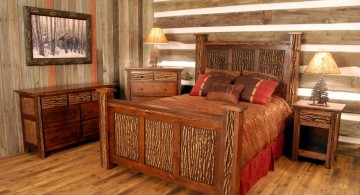 cabin bedroom decorating ideas with wood texture on bed