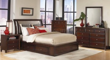 contemporary bedding ideas with drawers and unique headbed