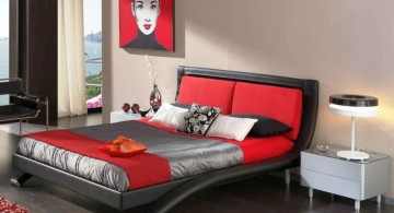 contemporary red black and white bedroom ideas with plush rug and unique bedside lamp