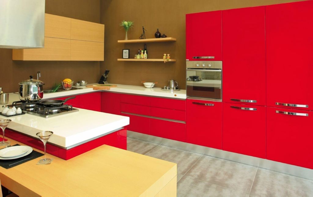 contemporary red lacquer kitchen cabinet