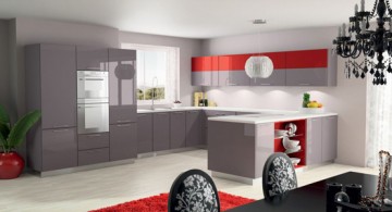 contemporary red lacquer kitchen cabinet in grey and white color scheme
