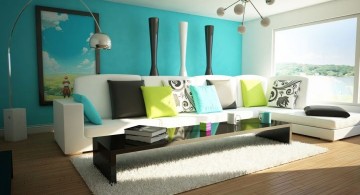 contemporary turquoise living room with unique pendant light