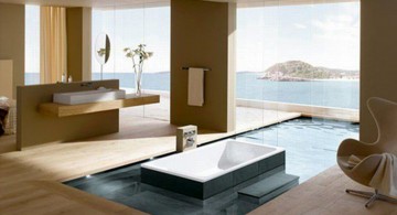 cool modern bathrooms with wooden floor and large floor tub