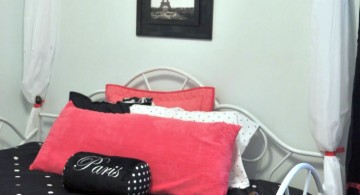 cute pink and black bedroom decor with black polkadot sheet and pink pillows