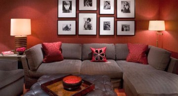 earth tone living room with grey sofa and terracotta wall