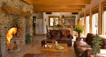 earth tone living room with stone fireplace