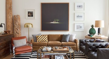 earth tone living room with striped rug