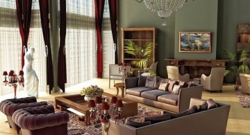 earth tone living room with tall french windows