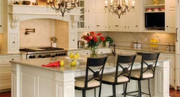 elegant white and marble countertop kitchen island with sink and seating