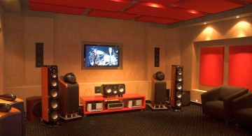 entertainment room with red ceiling and built in TV