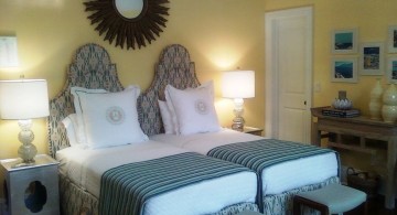 fresh blue and gold bedroom with twin beds