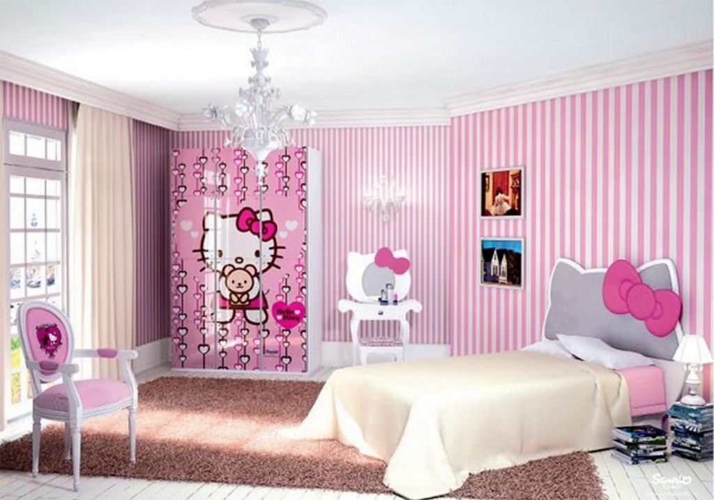 hello kity girls bedroom designs with striped wallpapers