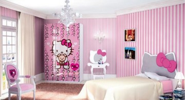 hello kity girls bedroom designs with striped wallpapers