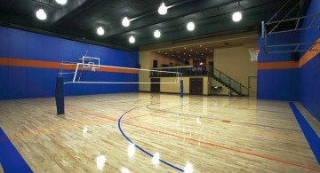 indoor home basketball courts with attached dining room