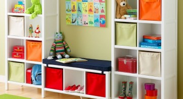 kids playroom design ideas with short white shelves