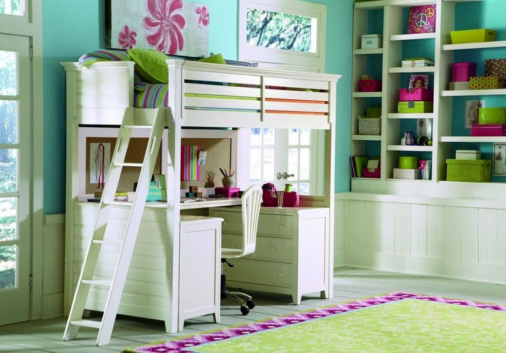 loft bed with desk white in green toned room