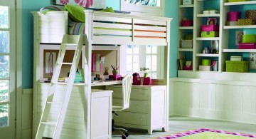 loft bed with desk white in green toned room