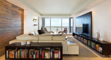 long living room ideas with wide TV and low bookshelves