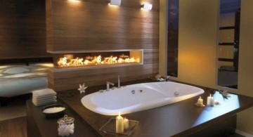 luxurious brown bathroom ideas with modern fireplace
