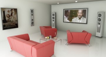 minimalist entertainment room in red and white