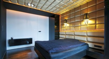 modern blue and gold bedroom with textured wall and ceiling