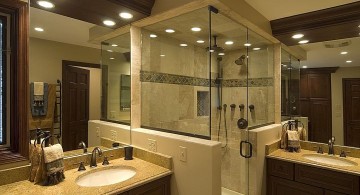 modern brown bathroom ideas with glass shower door