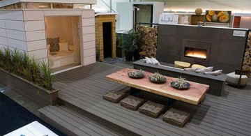 modern deck design with built in wall fireplace