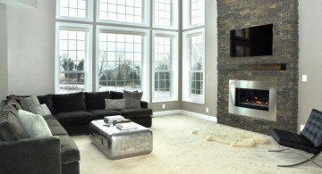 modern fireplace designs with glass in monochrome themed room