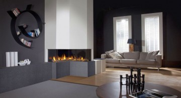 modern fireplace designs with glass on living room with unique bookshelf