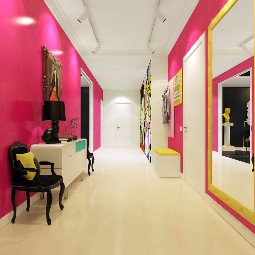 modern hallway decorating ideas in bright pink and white