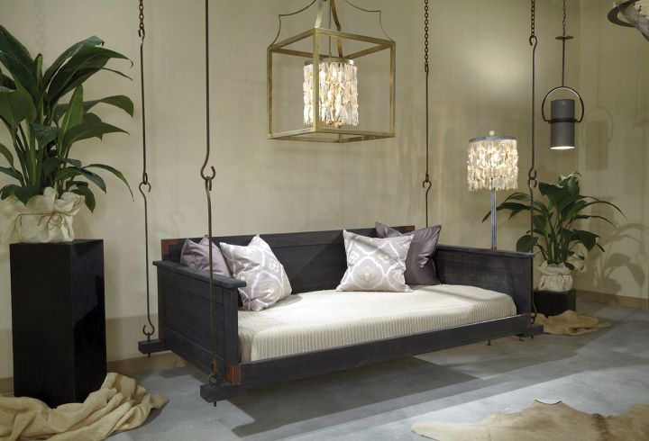 modern hanging swing bed in monochrome