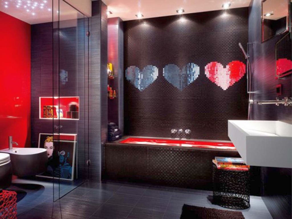 modern style black bathrooms ideas with red heart