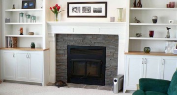 modern white fireplace design with brick wall