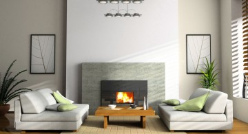 modern white fireplace design with rows of hanging lamp and sofabed