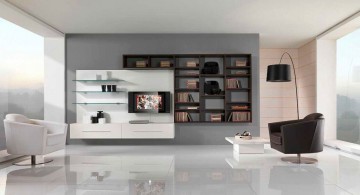 monochromatic wall shelving units for living room