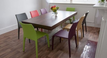 multi colored dining chairs with espresso long table