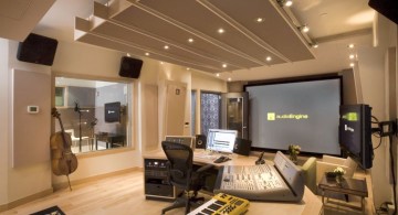 music room designs with faux ceiling and large plasma monitor