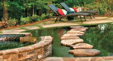 nature themed pool with spa designs with stone pathway