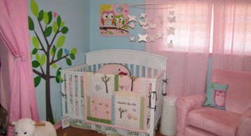 pink baby room ideas with tree and owl decal