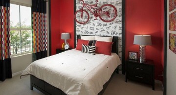 red and black bedroom with bike as wall decoration
