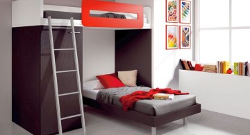 red and black bedroom with bunk beds