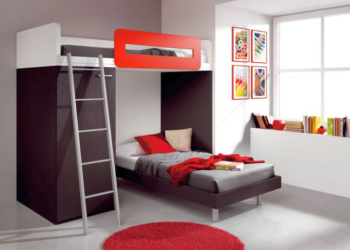 red and black bedroom with bunk beds
