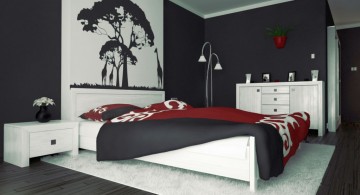 red black and white bedroom ideas with tree painting above the bed