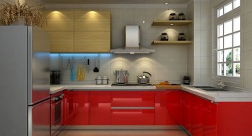 red lacquer kitchen cabinet in grey color scheme