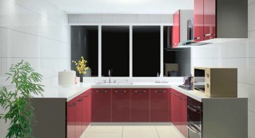 red lacquer kitchen cabinet in white and grey color scheme