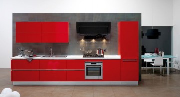 red lacquer kitchen cabinet on industrial grey wall for small kitchen