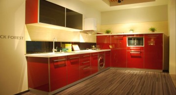 red lacquer kitchen cabinet with wooden floor