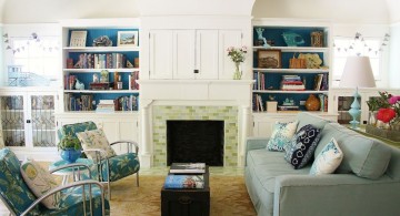 retro living room ideas with fireplace and bookshelves